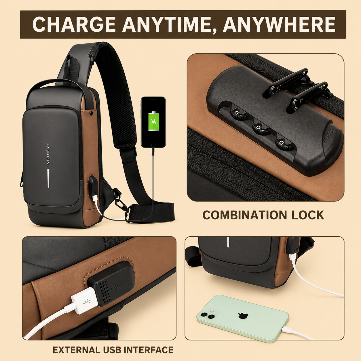 Crossbody Sling Bag with USB Charging & Lock