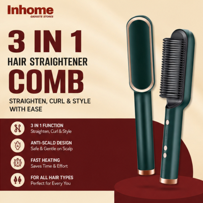3-in-1 Hair Straightener Comb – Straighten, Curl & Style Effortlessly