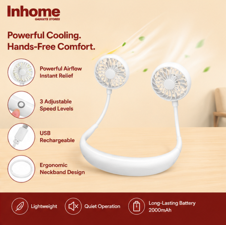 Mini Portable Neckband Fan – Hands-Free USB Rechargeable Cooling Fan