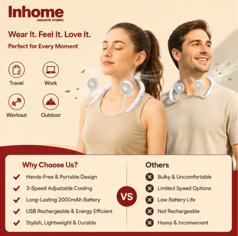 Mini Portable Neckband Fan – Hands-Free USB Rechargeable Cooling Fan